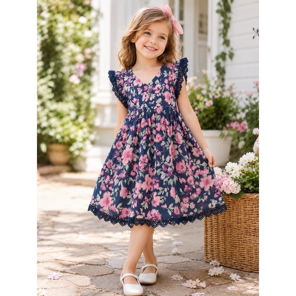Cynthia Rawley Girls Size 4 Navy Floral Dress Flutter Sleeve Crochet‎ Lace Trim